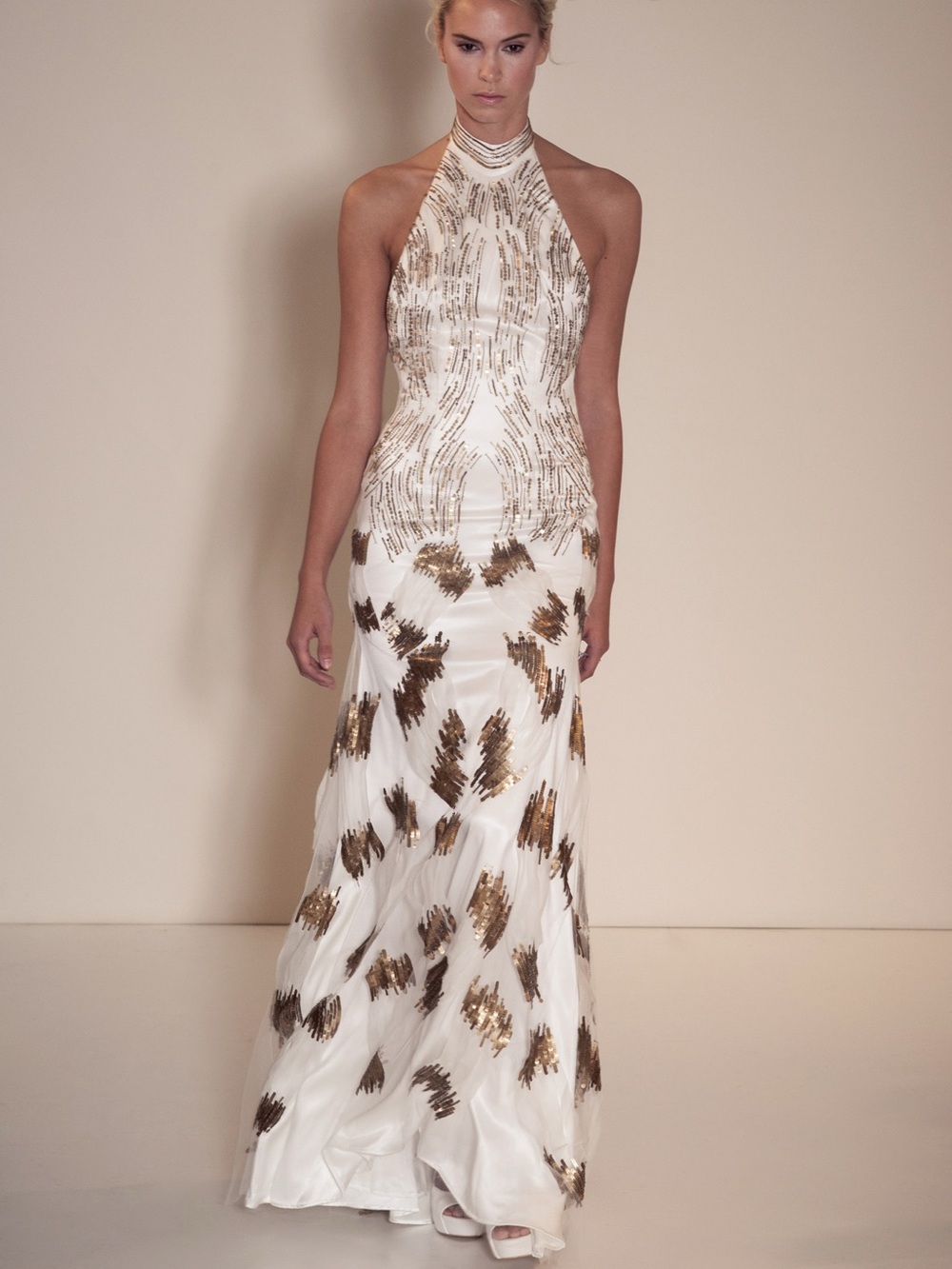 Della Giovanna Off White Silk Backless Bridal Gown with Antique Gold Beadwork